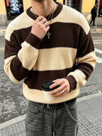 Men's Color-Block Striped Sweater - Lightweight Knit Oversized Pullover with Crewneck, Minimalist Streetwear Suitable for Back-to-School, Casual Winter Warmth, Solid Color Base & Striped Accent (No Transparency) - Apricot + Brown