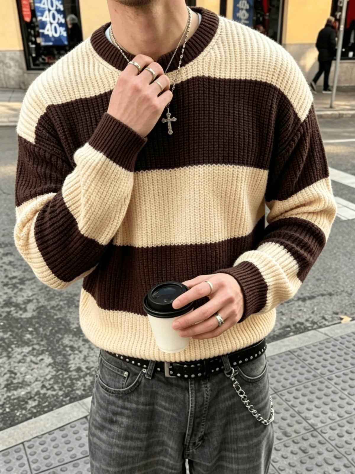 Men's Color-Block Striped Sweater - Lightweight Knit Oversized Pullover with Crewneck, Minimalist Streetwear Suitable for Back-to-School, Casual Winter Warmth, Solid Color Base & Striped Accent (No Transparency) - Apricot + Brown