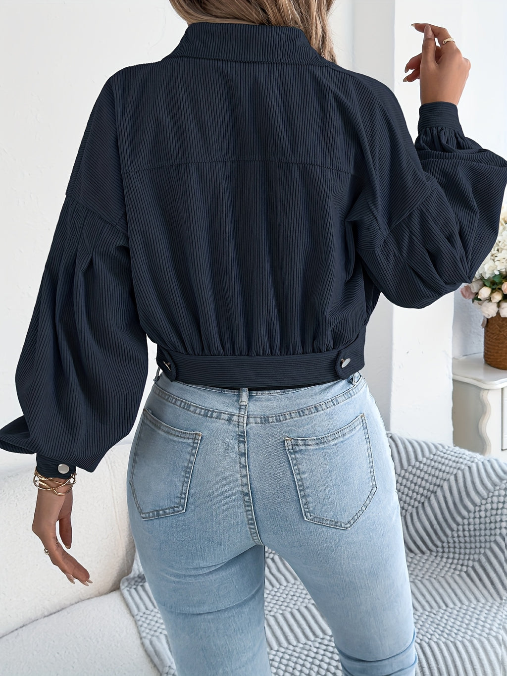 Spring Autumn Casual Vacation Solid Color Single Breasted Lantern Long Sleeve Corduroy Short Coat Women'S Jacket - Navy Color