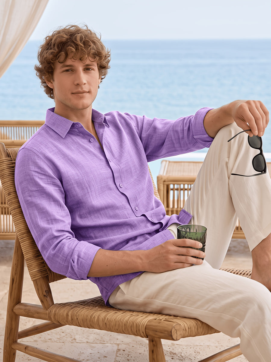 Men'S Anti-Moth Long-Sleeved Square-Neck Shirt, Lightweight And Breathable Solid Color Business-Casual Shirt, Loose-Fitting All-Match Basic Shirt for Spring And Summer Commuting And Vacation. Available in Multiple Colors - Purple