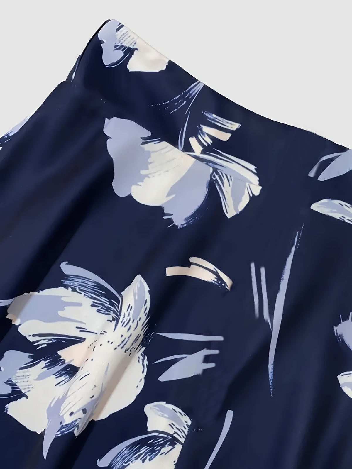 Elegant Special Floral Print High-Waisted Skirt Dress with Tie Waist  - Short Spring Summer Dress, Machine Washable, Wedding Guest, Party & Semi-Formal Attire - Navy Color