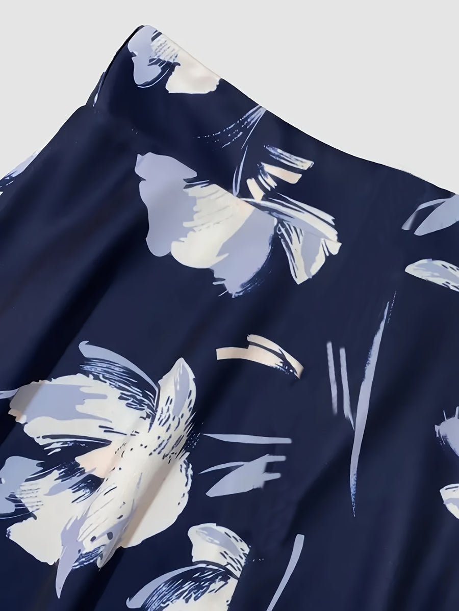 Elegant Special Floral Print High-Waisted Skirt Dress with Tie Waist  - Short Spring Summer Dress, Machine Washable, Wedding Guest, Party & Semi-Formal Attire - Navy Color