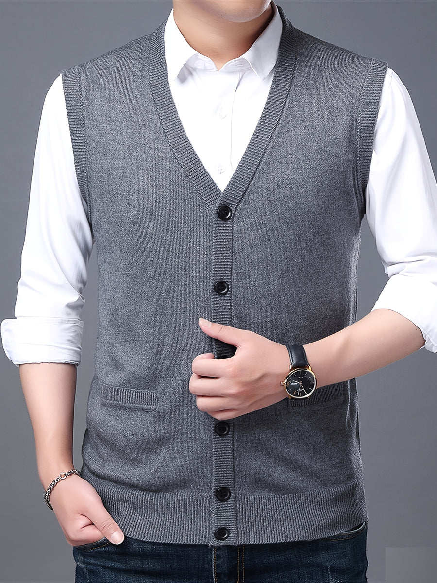 Autumn Winter Men'S Knit Cardigan Vest Men'S Casual Solid Color Pocketed Knit Vest Men'S V-Neck Open Front Sleeveless Sweater - Dark Gray