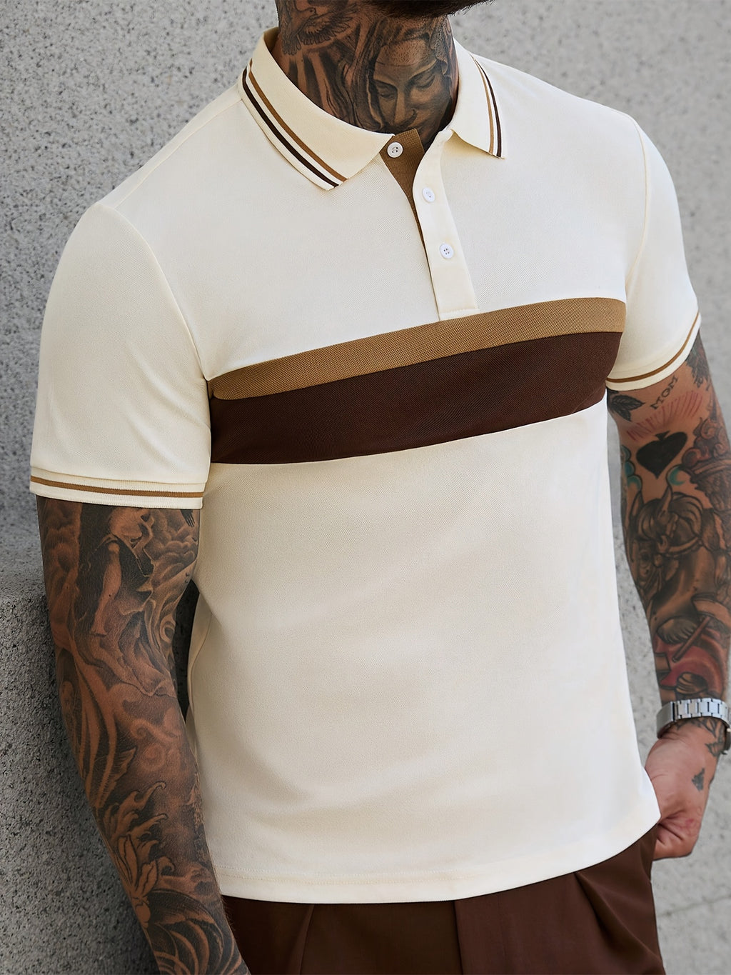 Men's Business Casual Polo Shirt, Formal and Daily Wear, Stretch Knit Fabric, Machine Washable for Office Attire, New Spring/Summer Style, Ribbed Detail, Trendy for Men - Milkshake Brown, Mocha Brown