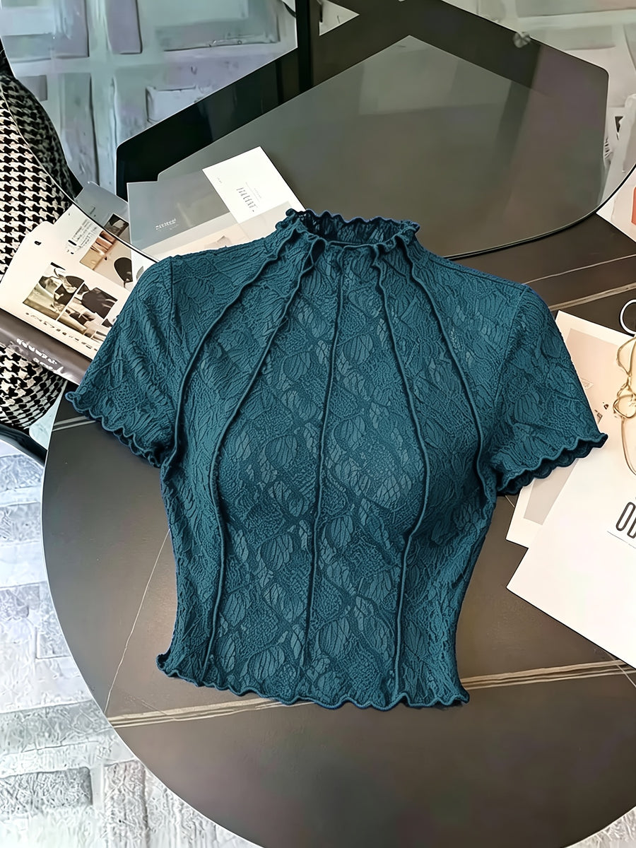Lace Floral Jacquard Thin Women'S T-Shirt, Dreamy And Romantic, Suitable for Dates, Gatherings, Summer And Spring Wear, Spring Break, Vacation, Picnic, Holiday, Birthday, Etc - Peacock Blue
