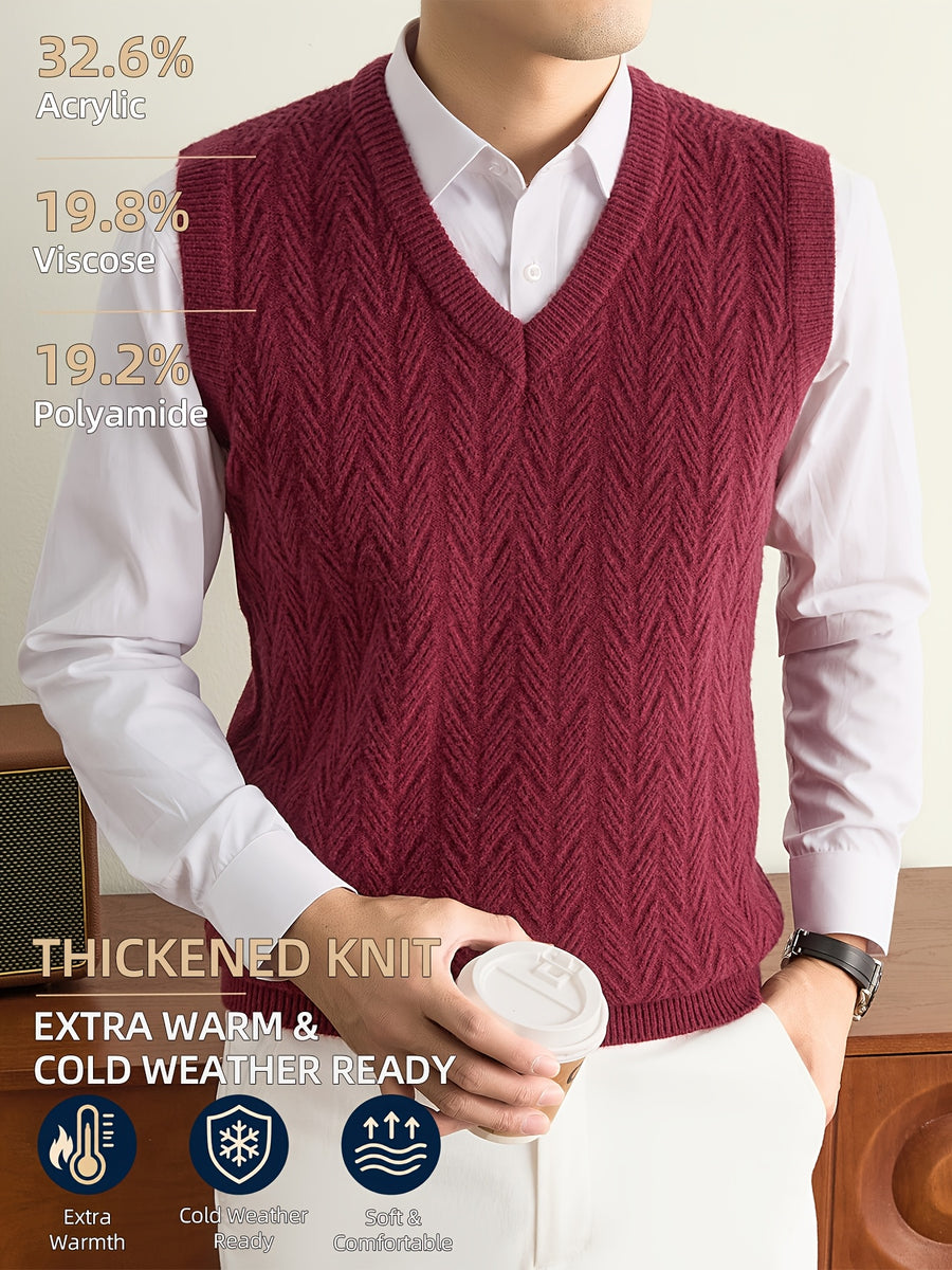 Men's Autumn & Winter Knitted Sweater Vest, Classic V-Neck with Raised Herringbone Texture, Thick & Warm, Timeless Refined Style for Work, Casual Wear, Outdoor Activities & Camping, Ideal Gift for Dad or Husband - Burgundy