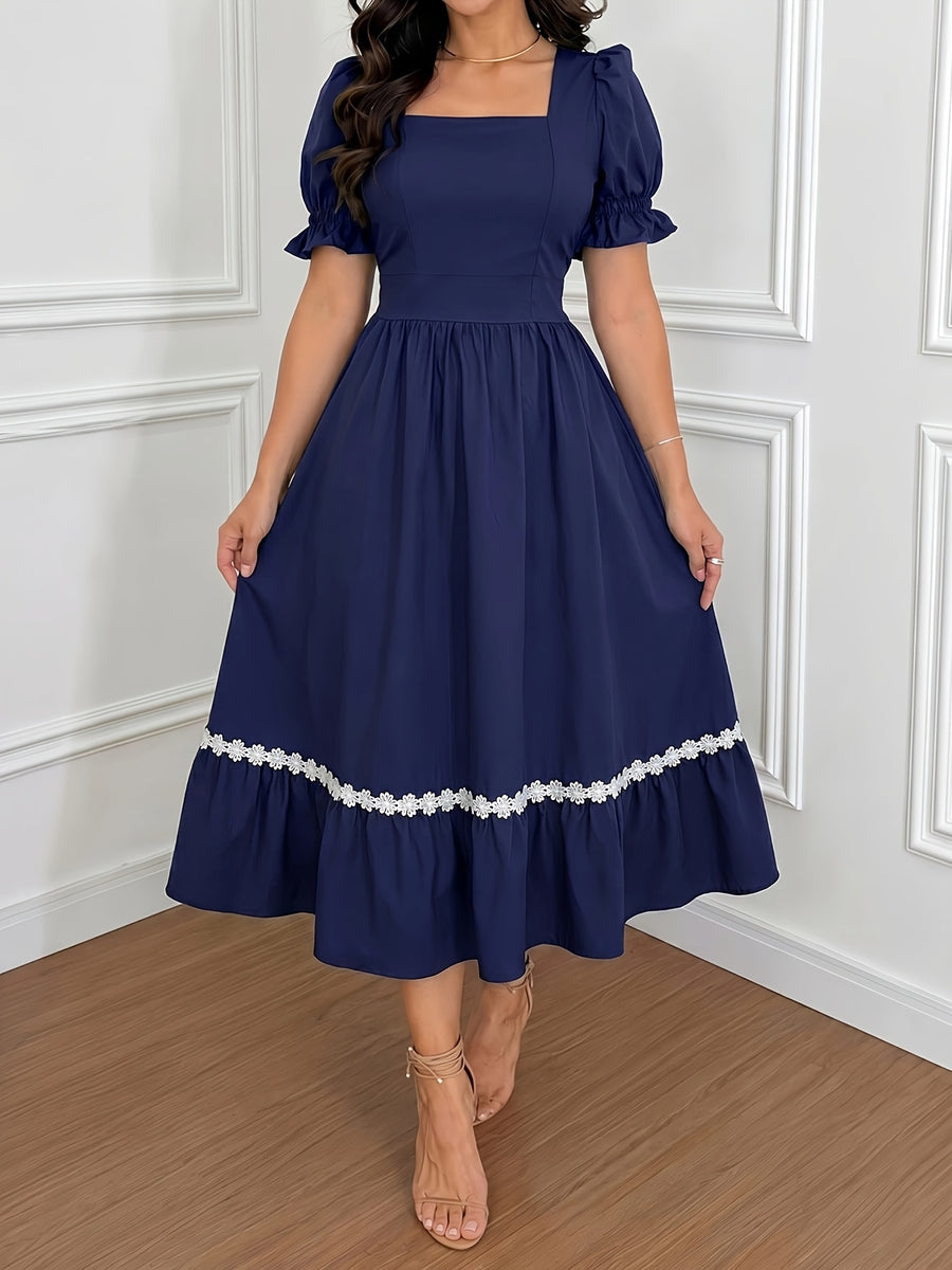 Women's Ombre Color Casual Elegant Vacation Wrap-Front Waist-Cinching A-Line Lace Trim Dress - Blue