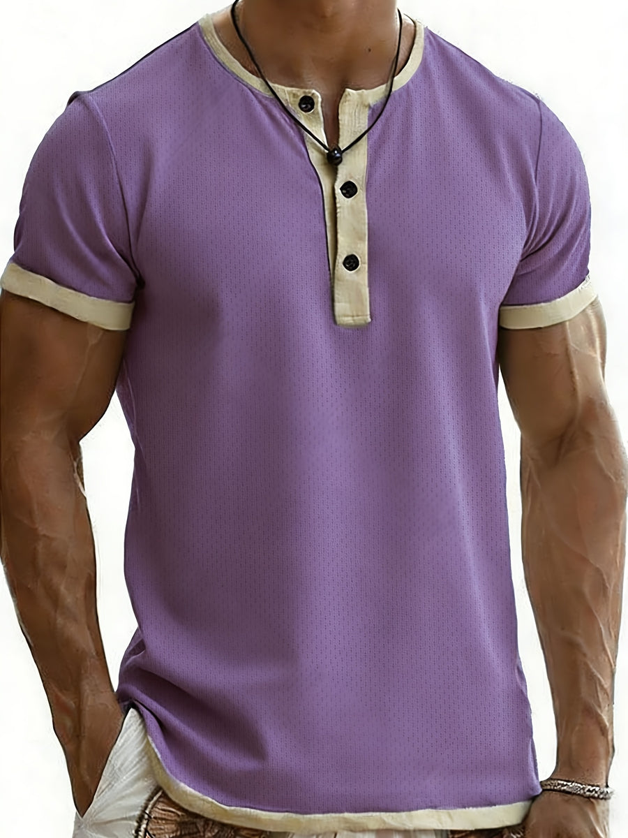 2pcs Men'S Henley Short-Sleeve T-Shirt, Slim-Fit Casual Top, Contrast Color Design, Ideal for Pool Parties, Beach Vacations, And As a Gift for Beachwear, Daily Commute, Casual, Lazy - Purple+navy Blue
