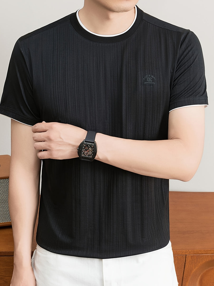 Summer New Men'S T-Shirt, Fashionable Trendy Faux Two-Piece Round Neck Short Sleeve T-Shirt for Men, Business Casual Mid-Age Men'S Solid Color Top, Suitable for Daily Work Scenarios, Men'S Gift - Black