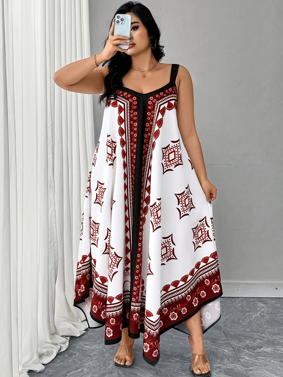 Plus Size - Plus Size - Large Size Women'S Fashionable Geometric Print Sleeveless Loose Long Suspender Dress - Burgundy