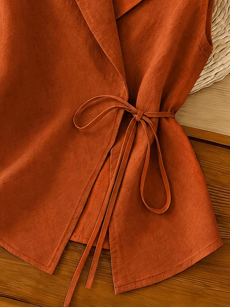 2026 New Sleeveless Vest, Lapel Tie-Waist Waist-Cinching Commuter Temperament Outer Top - Loess Ochre