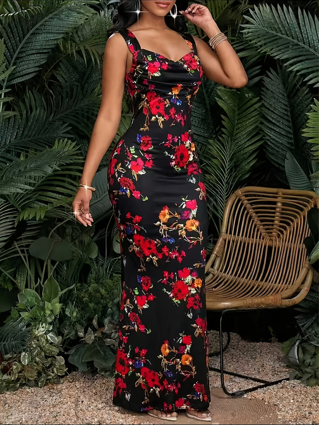Elegant, Exquisite And Fashionable Floral Print Spaghetti Strap Long Dress V-Neck Open Back Design with Slim Hip-Hugging Silhouette Suitable for Dating Parties, Wedding Guest Occasions, Beach Vacation, Banquets And Formal Events - Black