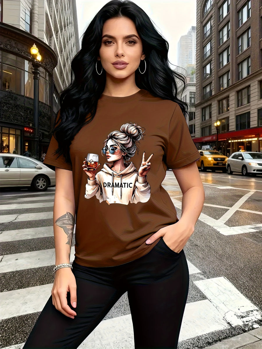 Street-style Trendy Art Print Featuring a Woman with a Bun Hairstyle and Fashion Glasses Holding a Red Wine Glass. Simple Round-neck Casual Versatile Short-sleeve Women's T-shirt, Suitable for Leisure, Travel, Vacation, and Other. 11643 - Brown