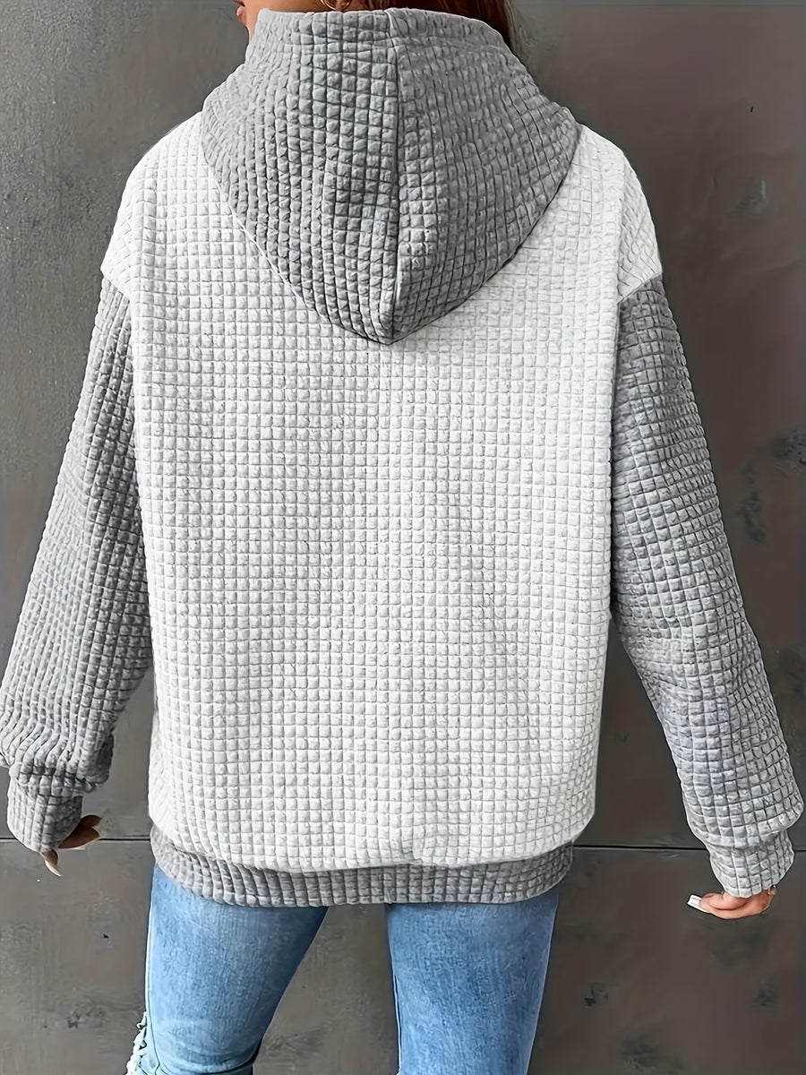 Women's Casual Oversized Hoodie with Checkered Texture & Letter Print, Kangaroo Pocket, Long Sleeve Loose Fit Sweatshirt for Fall Winter, Machine Washable, Fall Fashion, Relaxed Style, Comfortable Texture, Print Sweatshirt, Cozy Wear - Ivory White