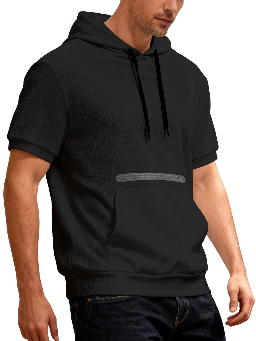 Men's Waffle Knit Short Sleeve Hoodie - Lightweight Breathable Pullover with Contrast Striped Kangaroo Pocket & Hooded Suitable for Spring Summer Fall Layering, Casual Streetwear Gift for, Husband, Boyfriend - Black