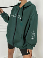 Plus Size - Plus Size - Women'S Plus Size Casual Zip Hoodie with Striking Heart Print, Chest And Sleeve Pattern, Comfortable Machine-Washable Hooded Jacket, And Long-Sleeve Zippered Sweatshirt with Front Pockets - Green