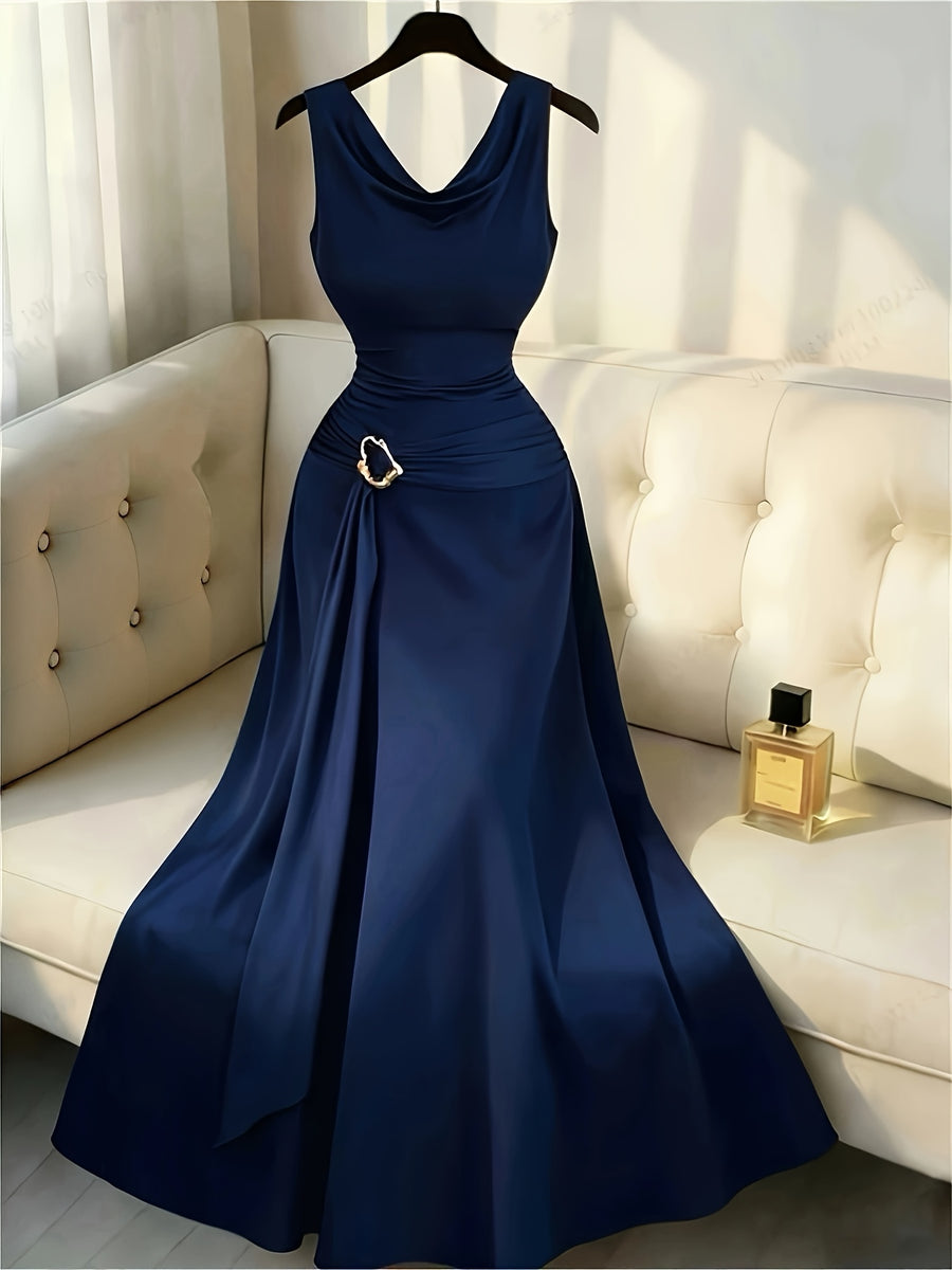 Sleeveless Puff Sleeve Dress Women'S Metallic Buckle Waist-Cinching Bodycon Skirt Elegant Temperament Evening Date Dress Long Dress - Navy Color