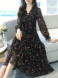 Long Sleeve Floral Print Dress - Black