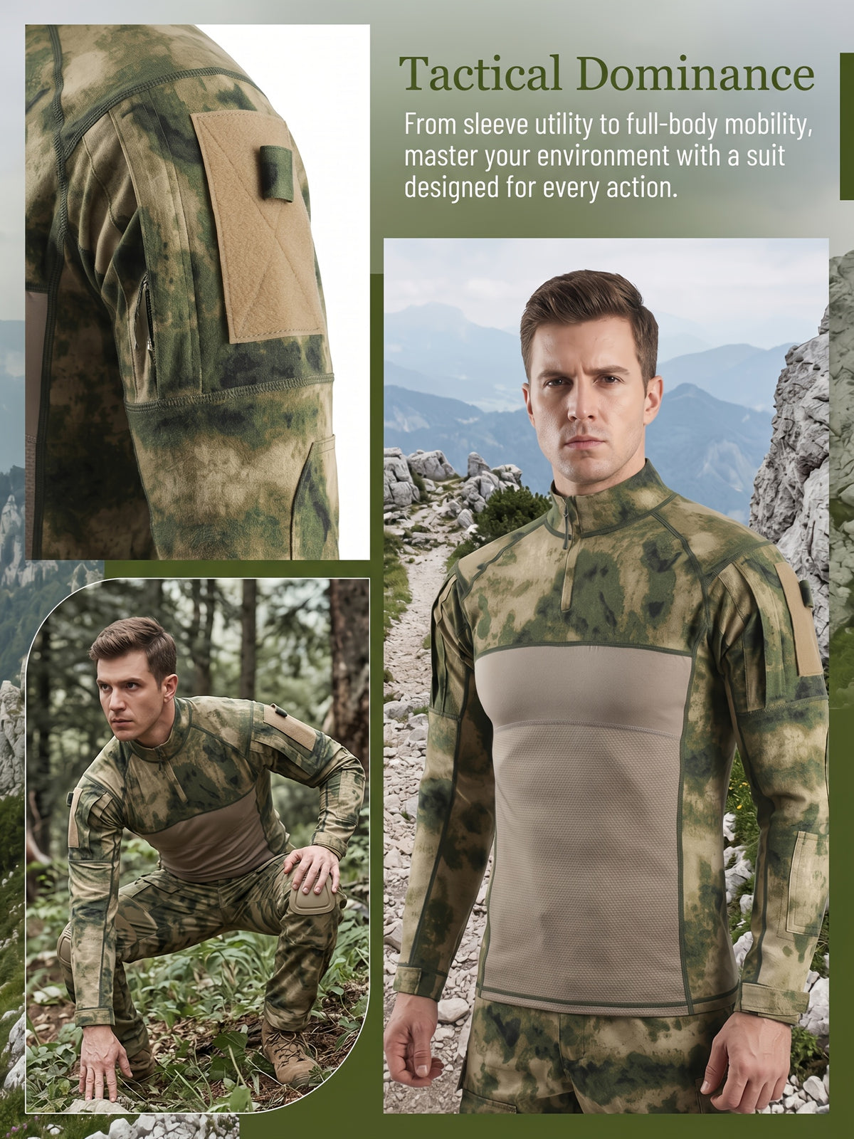 ESDY 1-Piece Men's Stand Collar Tactical BDU Sweatshirt, Large Mesh Breathable Half-Zip Outdoor Combat Top, Chest and Back Mesh Breathable Training Wear - Olive Green
