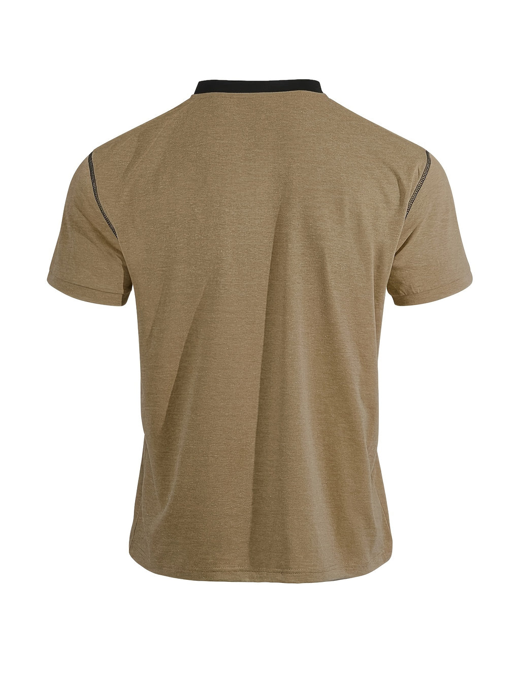 Men'S Spring Summer New Light Luxury Color-Block Henley Collar Short Sleeve T-Shirt, Half-Button 3-Button American Retro Top, High-Stretch Soft And Skin-Friendly Fabric, Breathable And Comfortable - Camel