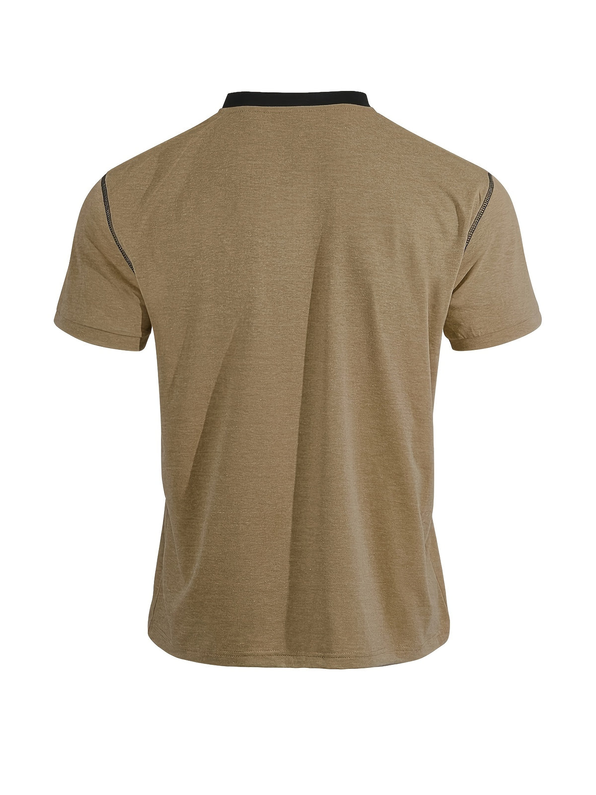 Men'S Spring Summer New Light Luxury Color-Block Henley Collar Short Sleeve T-Shirt, Half-Button 3-Button American Retro Top, High-Stretch Soft And Skin-Friendly Fabric, Breathable And Comfortable - Camel