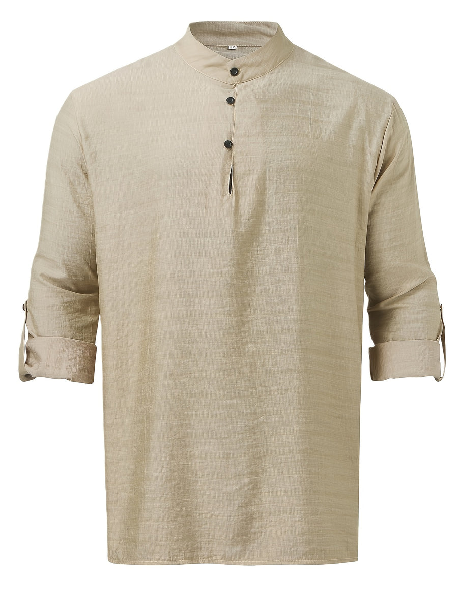Men'S Fashion New Spring And Autumn Tops Featuring a Stand Collar Henley Shirt, with a Half-Open Single Row of Buttons, Perfect for Outdoor Beach Wear - Khaki