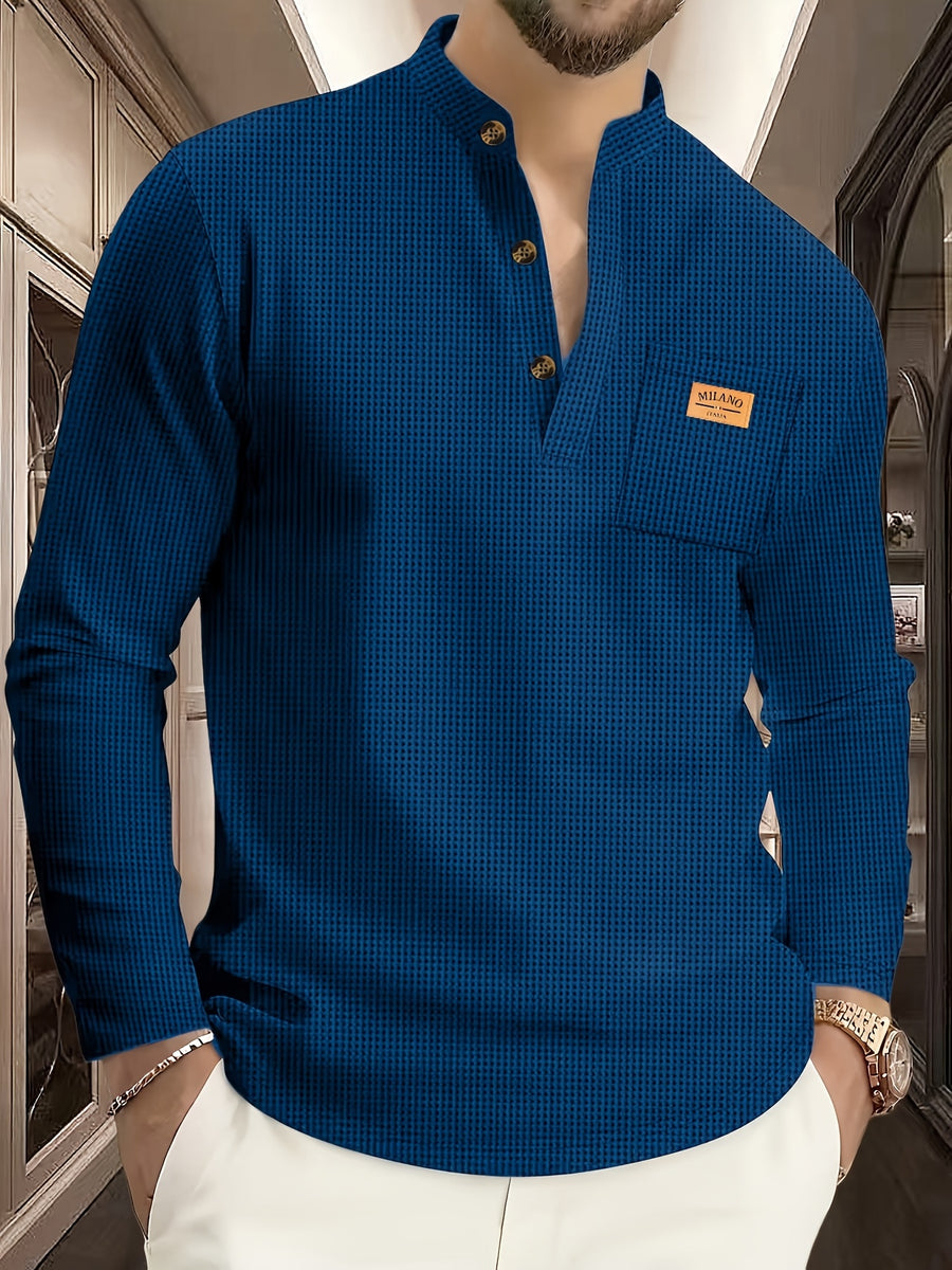 Maqiqi OBM Men's Fashion Waffle Knit Long Sleeve Henley Shirt, Stand Collar Button-Up Top with Chest Pocket and Positioned Printed LOGO, Casual Regular Fit Solid Color Spring/Autumn Daily Top - Navy Color