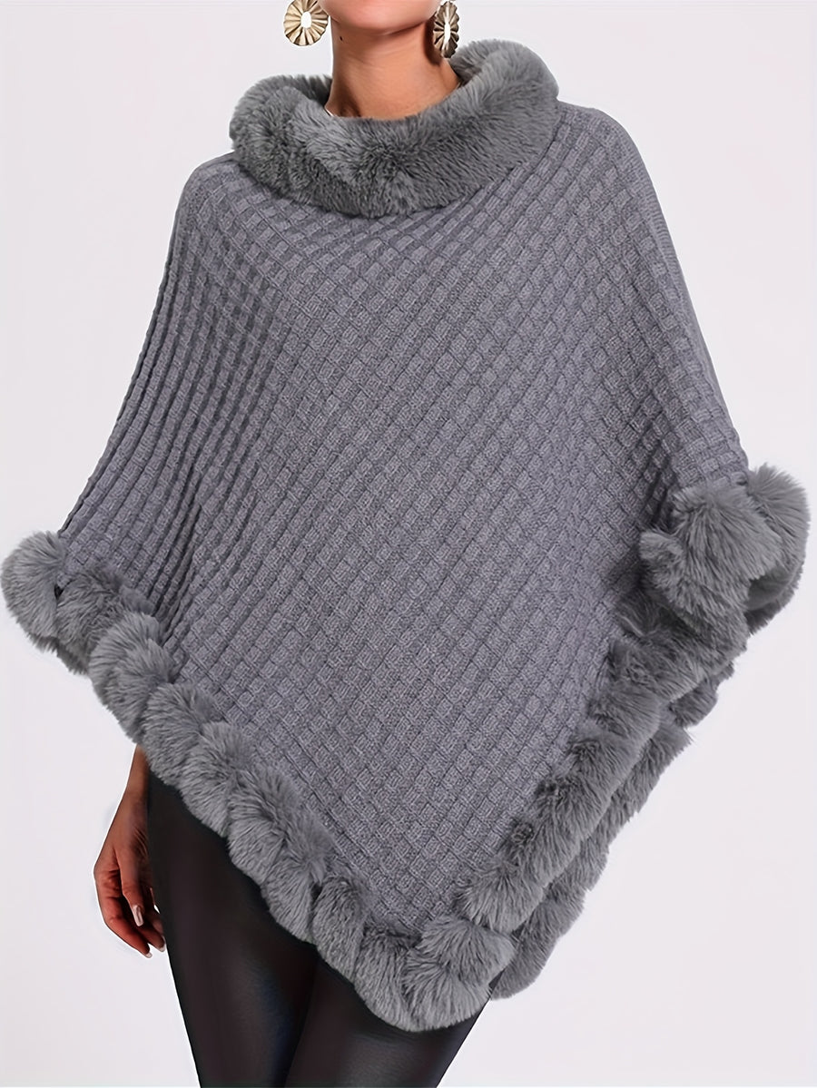 Women'S Elegant Faux Fur Collar Cape Coat - Soft Winter Coat with Plush Fur Trim, All-Season Chic Outerwear for Everyday & Formal Events - Grey