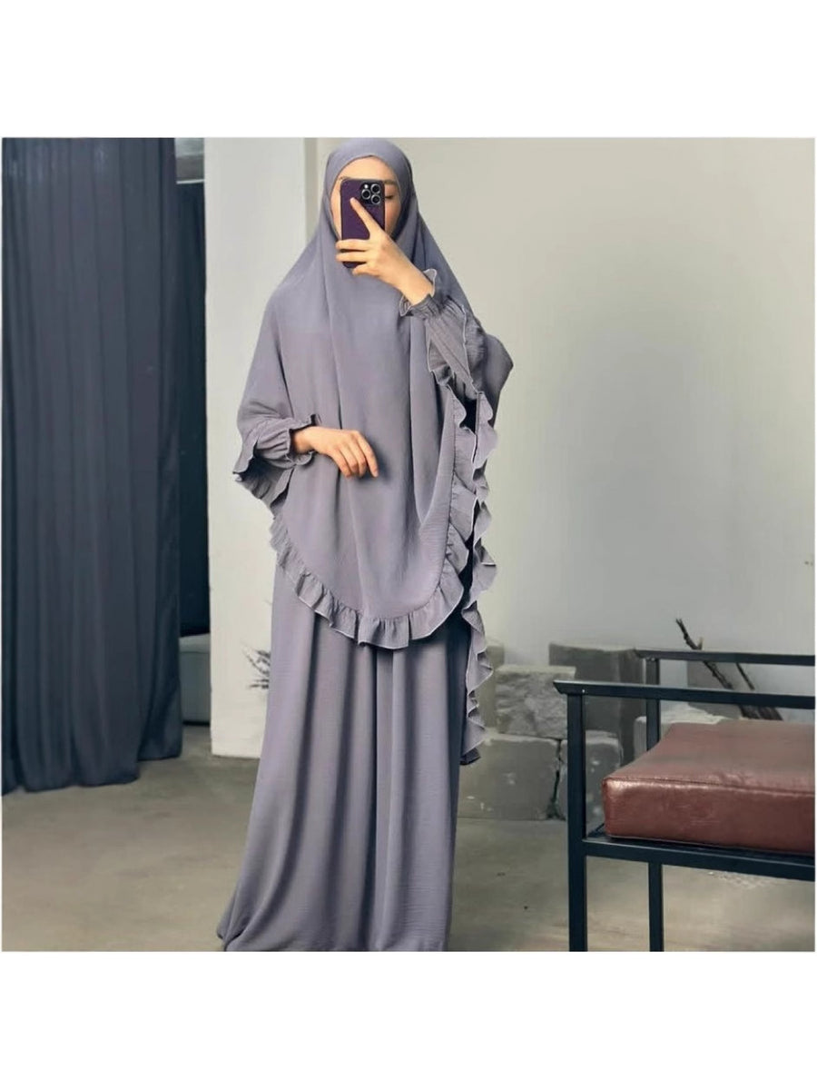 2pcs Set: Middle East Dubai 2pcs Set, Including 1 Solid Color Long Headscarf + 1 Long Robe, Women's Fashion Loose Robe Ramadan Prayer Outfit - Slate Grey