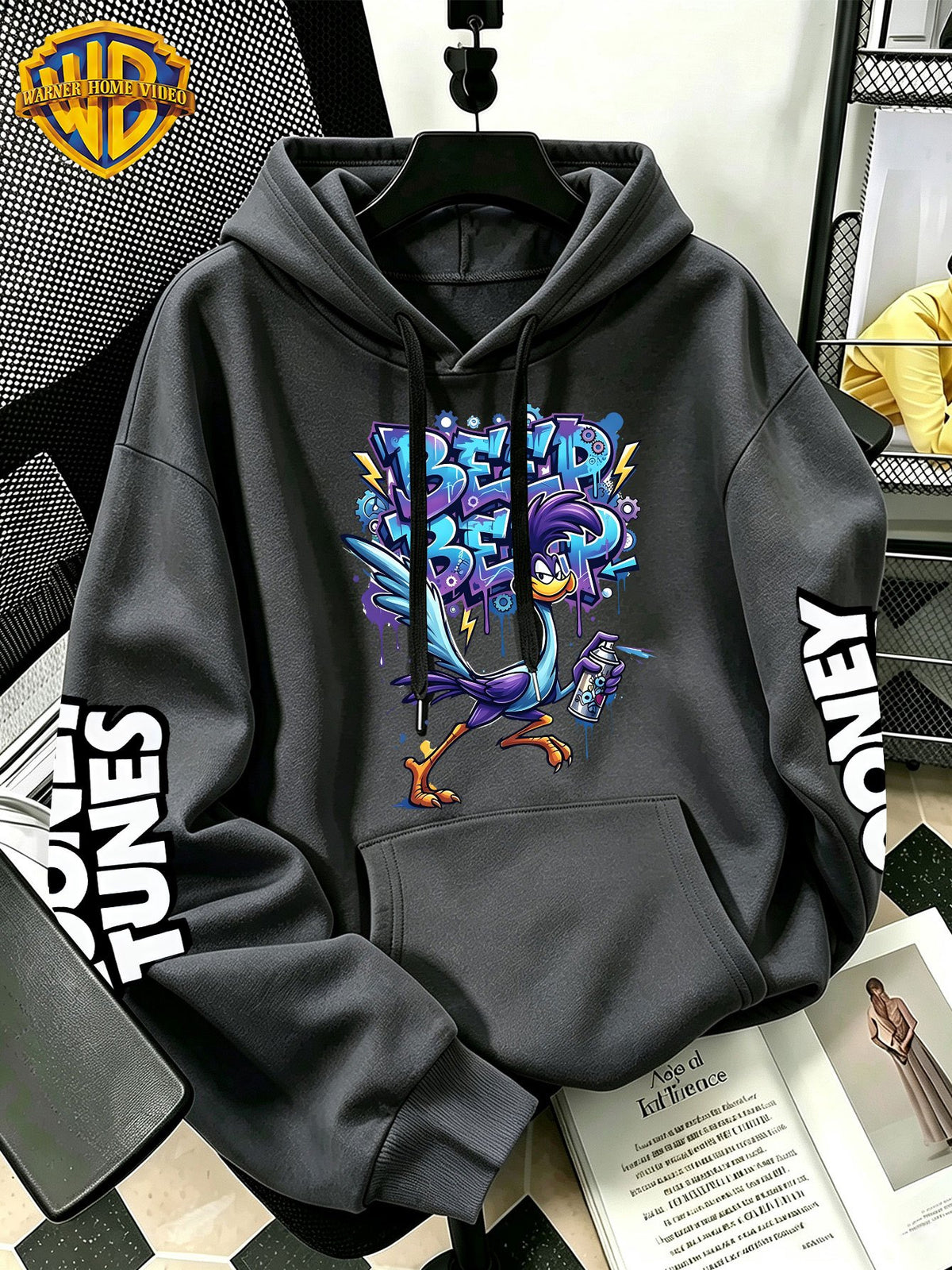 WB Warner Bros Official Men's & Women's Cyber Graffiti Runaway Bird Hoodie - Iconic WB Print Sweatshirt, Adjustable Hood, Loose Fit Warm Pullover for Fall/Winter, Machine Washable Suitable for Daily Wear & Outdoor Sports - Dark Gray