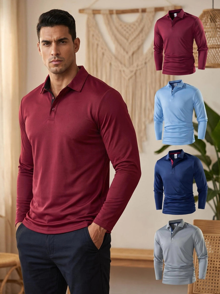 4pcs Set of New Men'S Thin Long-Sleeve Polo Shirts, 100% Fiber Fabric, Multi-Color Available, Classic Color-Block Design, Versatile And Fashionable, Men'S Golf Shirt, Polo Shirt, Polo Collar, T-Shirt, Sportswear, Knit - Blue+Red+Blue+Gray