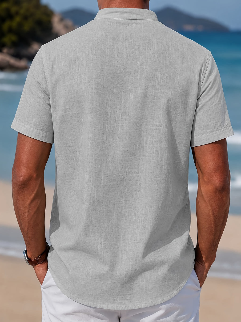 Men's Casual Solid Color 100% Cotton Short Sleeve Summer Button-Up Shirt, Round Neck Breathable Sweat-Absorbent Pure Cotton Pocket Print 100g Lightweight Shirt - Grey