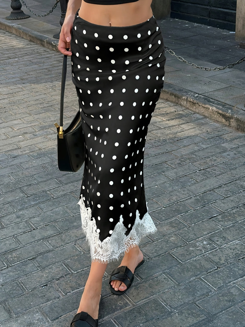 [ASD] Vintage Polka Dot Elegant Versatile Women'S Skirt Made of Contrast Lace - Black