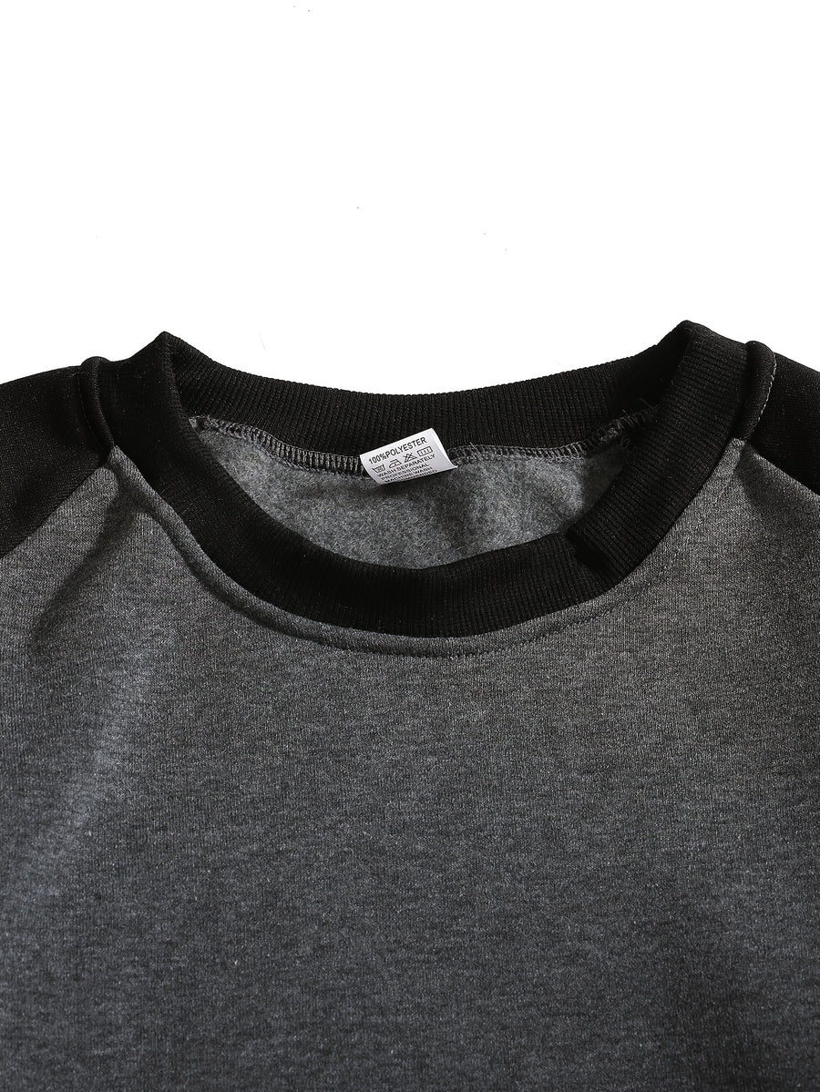 Men's New Autumn/Winter Casual Fitness Sports Thickened Crew Neck Raglan Sleeve Basic Long Sleeve Fashion Sweatshirt, 250g Brushed Fabric - Dark Gray + Black