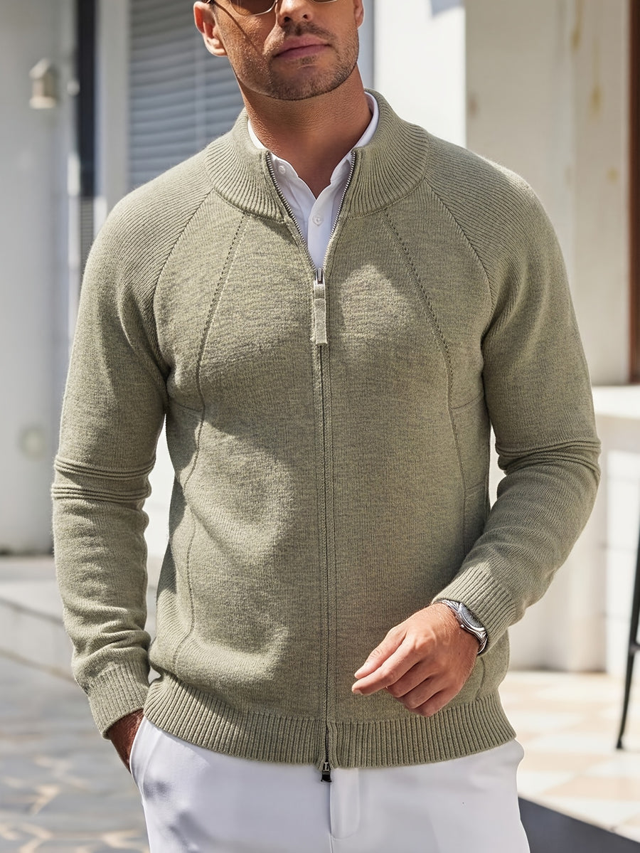 Men'S Knit Cardigan Autumn Winter Double-Headed Zipper Thickened Jacket Fashion Casual All-Match Stand Collar Sweater - Green