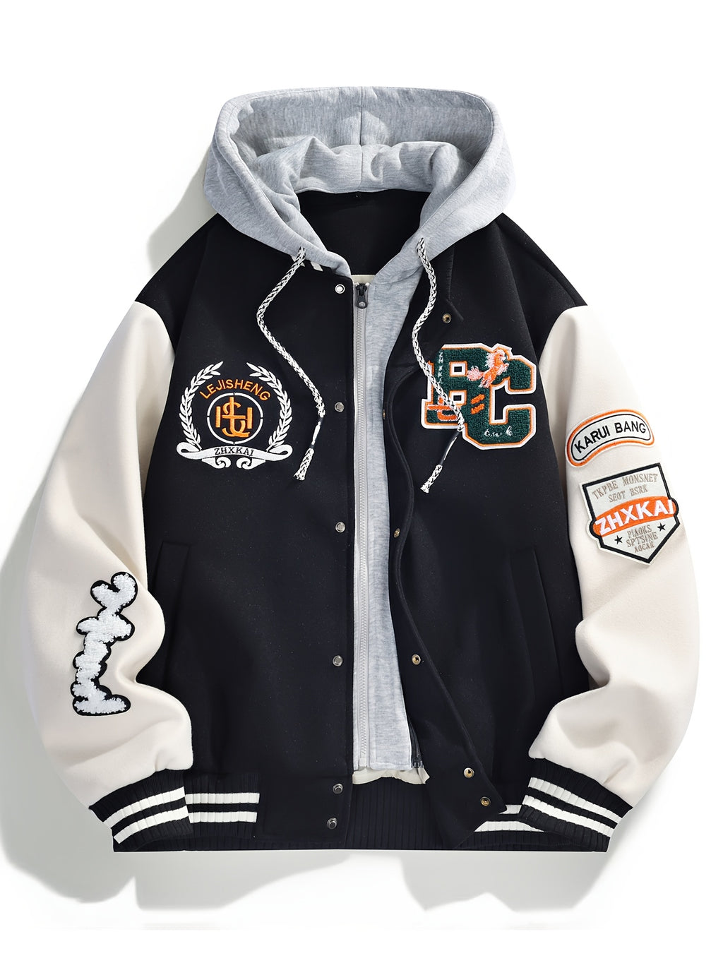 Heavyweight Embroidered Pattern Men's Hooded Baseball Jacket 2-in-1 Look Color Block Trendy Windbreaker Jacket Couple's Fashion Autumn Outerwear - Black