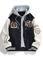 Heavyweight Embroidered Pattern Men's Hooded Baseball Jacket 2-in-1 Look Color Block Trendy Windbreaker Jacket Couple's Fashion Autumn Outerwear - Black