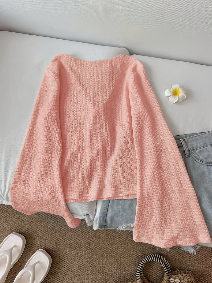 Solid Color Front-Tie Bow Open-Front Fashion Flared Sleeve Blouse New Women'S Short Top - Peach