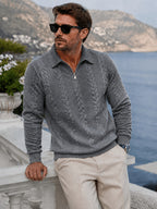 Men's Lapel Jacquard Knit Sweater for Spring, Autumn, and Winter, Casual Long-Sleeve Half-Open Front Zipper Fashionable Versatile Knit Outerwear Sweatshirt - Dark Gray