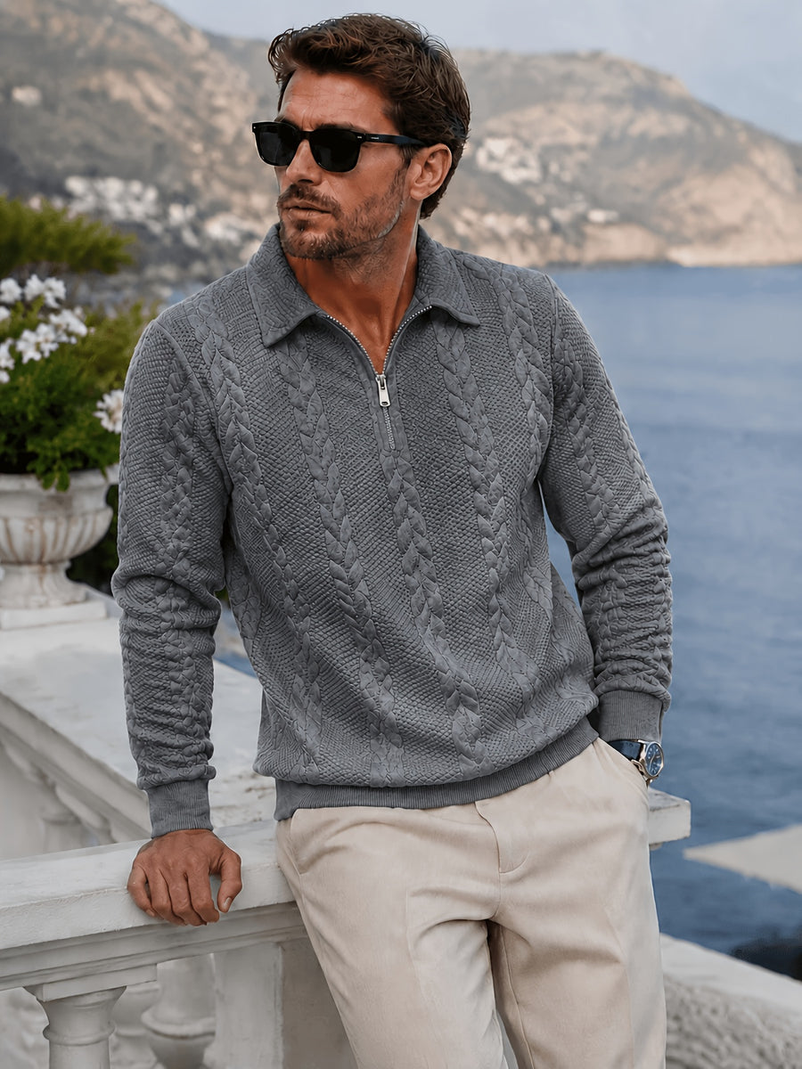Men's Lapel Jacquard Knit Sweater for Spring, Autumn, and Winter, Casual Long-Sleeve Half-Open Front Zipper Fashionable Versatile Knit Outerwear Sweatshirt - Dark Gray