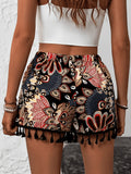 Bohemian Peacock Print Shorts - High-Waisted Elastic Waist Fringe Wide-Leg Hot Pants with Style, Suitable for Summer Beachwear, Dance Costumes & Casual Outfits - Multicolor