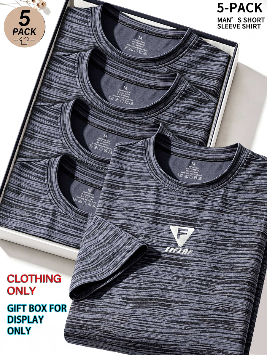 5pcs Men's Sports & Fitness Breathable Quick-Dry T-Shirts, Outdoor Travel Casual Running Printed Short-Sleeve Tees, Easy to Clean and Maintain, Lightweight T-Shirts for Daily Leisure and Gatherings, Classic Crew Neck Shirts - Light Gray - 5PCS