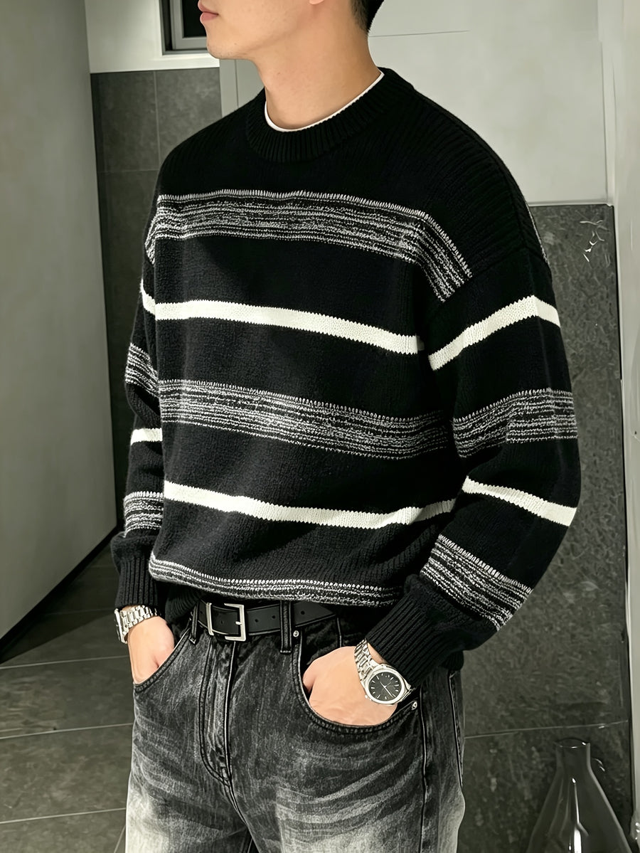 Unisex Loose-Fit Casual Streetwear Knit Pullover with Simple Striped Crew Neck, Suitable for Daily Wear in Spring, Autumn, and Winter Winter Clothes for Men - Black