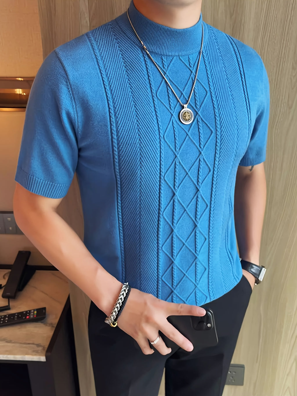 Men's New Solid Color Rhombus Fashion Semi-High Neck Knit Sweater, Spring/Summer Casual Short Sleeve Knit Top - Royal Blue