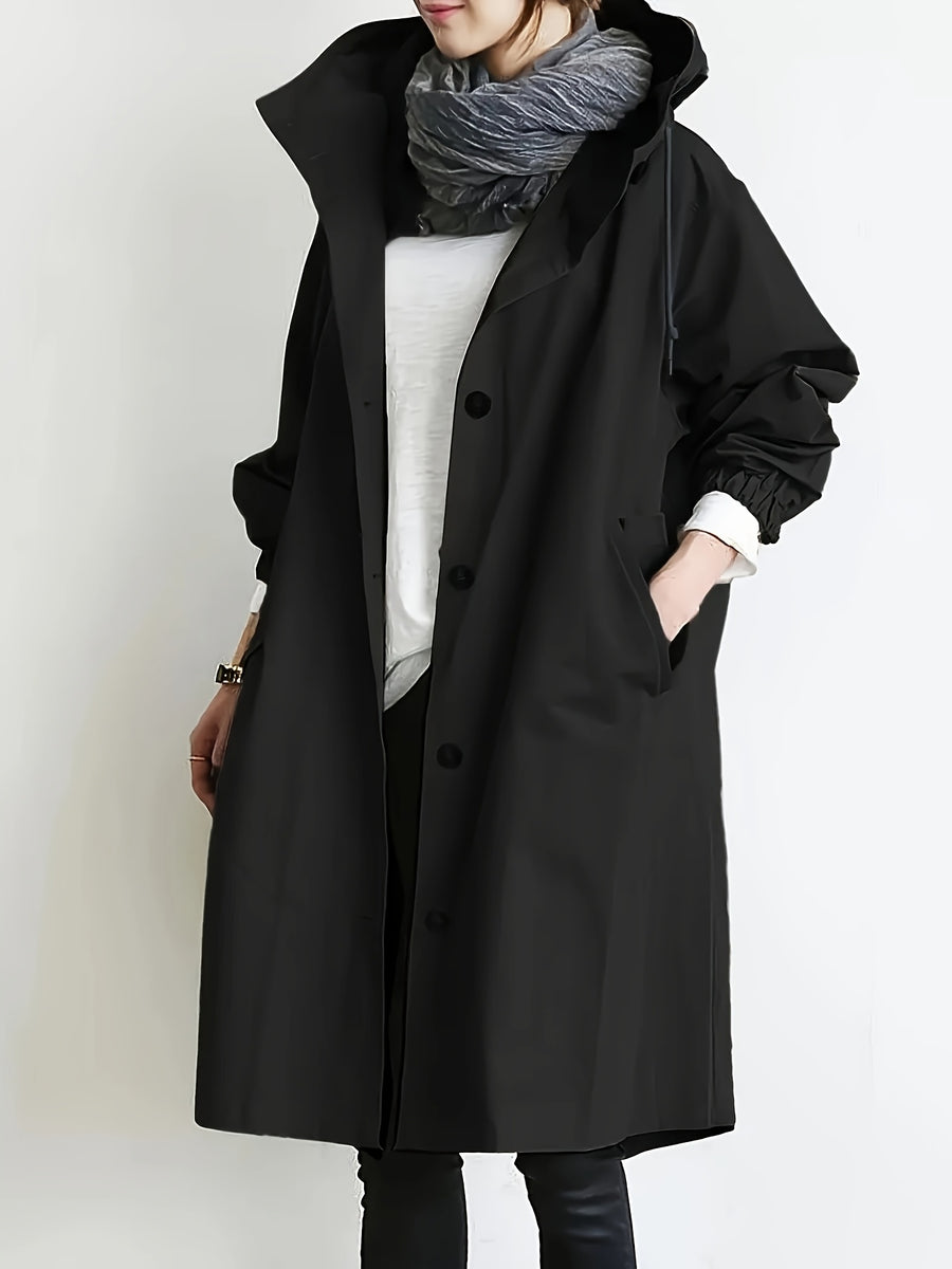 Solid Color Stylish Casual Loose Hooded Jacket with Lining - Black
