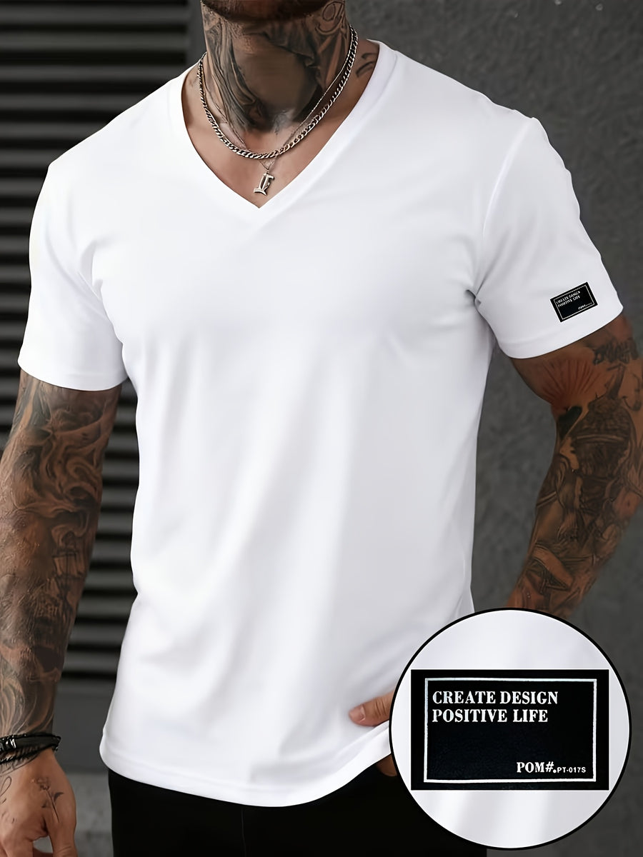Men'S Patchwork V-Neck Short Sleeve T-Shirt, Suitable for Summer Outdoor Casual Wear, Casual Versatile Knit Top - White 4