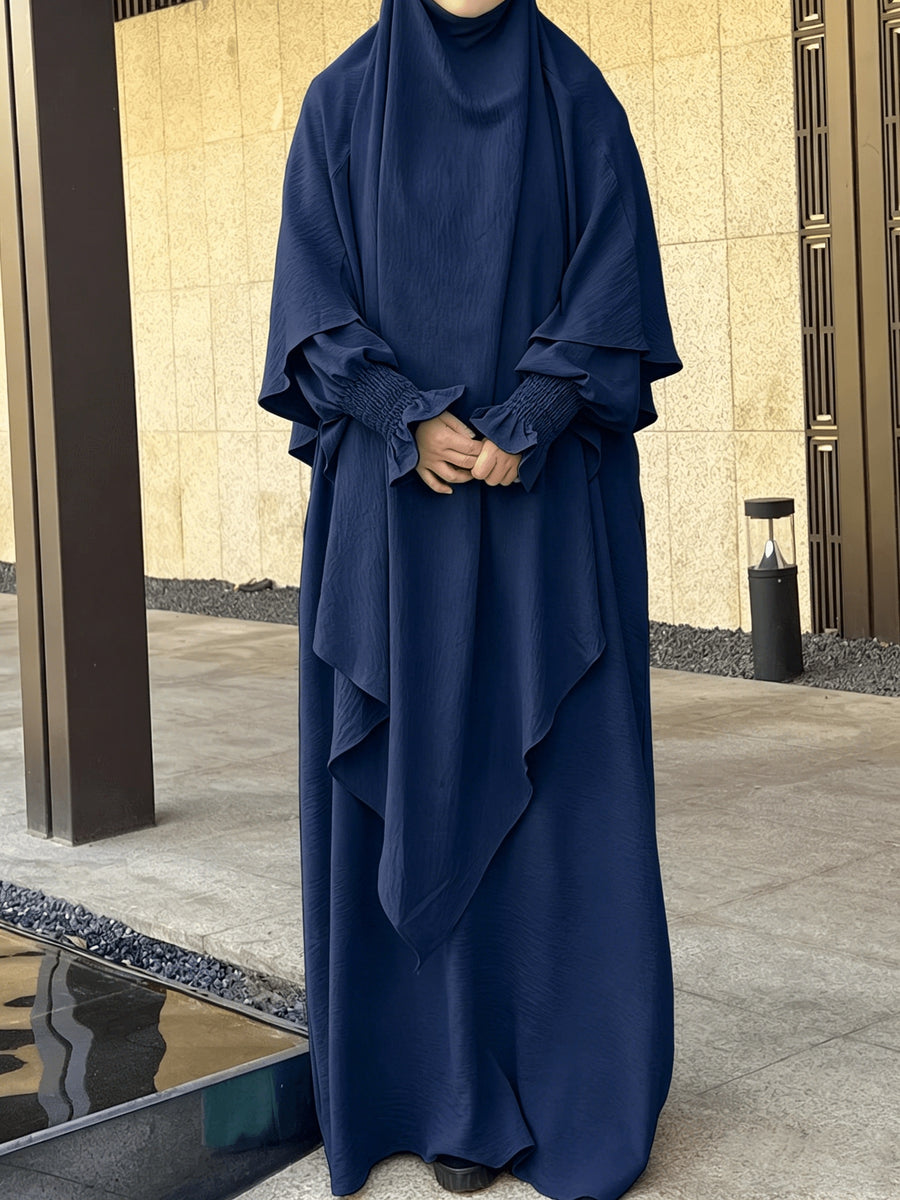 2pcs Prayer Set, Women'S Abaya, Khimar Set, Islamic Clothing, Modest Fashion, Two-Piece Abaya Set, Loose Fit Abaya, Long Sleeve Abaya, Full Length Abaya, Prayer Dress - Navy Color