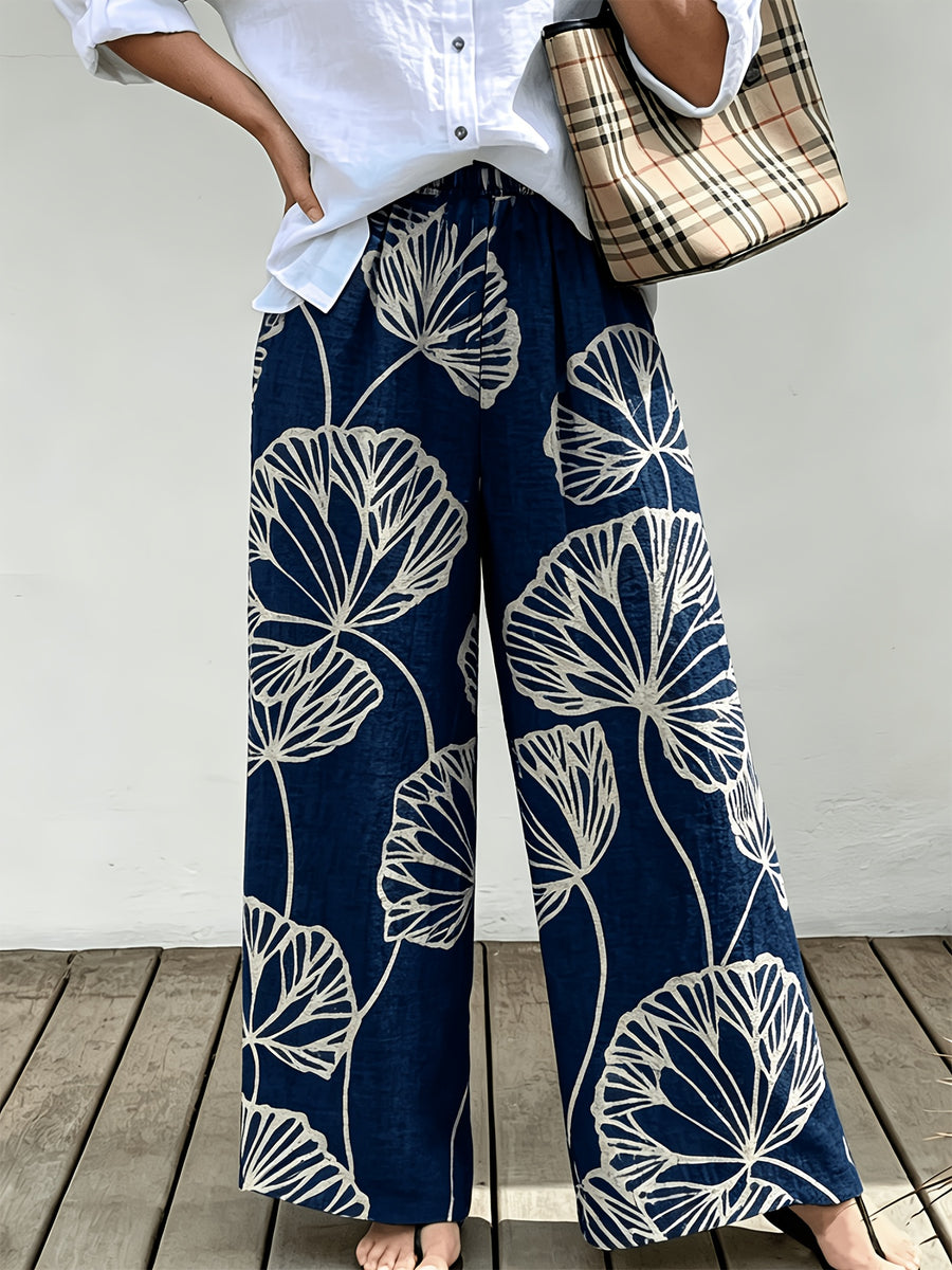 Women'S Printed Casual Vacation Trousers, Breathable Daily Commute Vacation All-Match Wide-Leg Pants, High-Waist Loose Breathable Trousers, Vacation High-Waist Loose Breathable Trousers, Suitable for All-Season Wear - Royal Blue