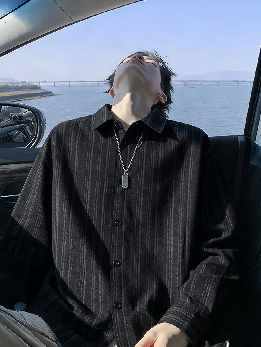 [Know And Give OBM] Men'S Japanese Distressed Black Gray Pinstripe Lapel Long Sleeve Shirt, Retro Texture Drop Shoulder Loose Casual Shirt, Spring/Autumn Commute Outdoor Daily Wear - Black