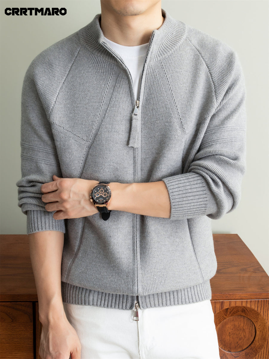 Men's Heavyweight Thick Zip Neck Stand Collar Knit Cardigan, Warm Casual Layering Top for Fall and Winter - Light Grey